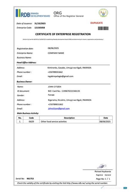 Rwanda certificate of enterprise registration Word and PDF template, version 2
